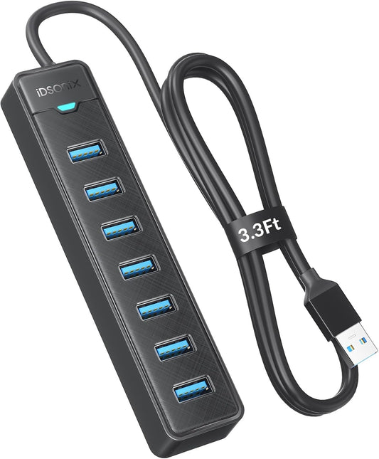 iDsonix 7 Port USB 3.0 Hub Long Cable [3.3Ft] USB Hub 5Gbps Data, USB Extension Multiport Adapter for PC, Laptop More