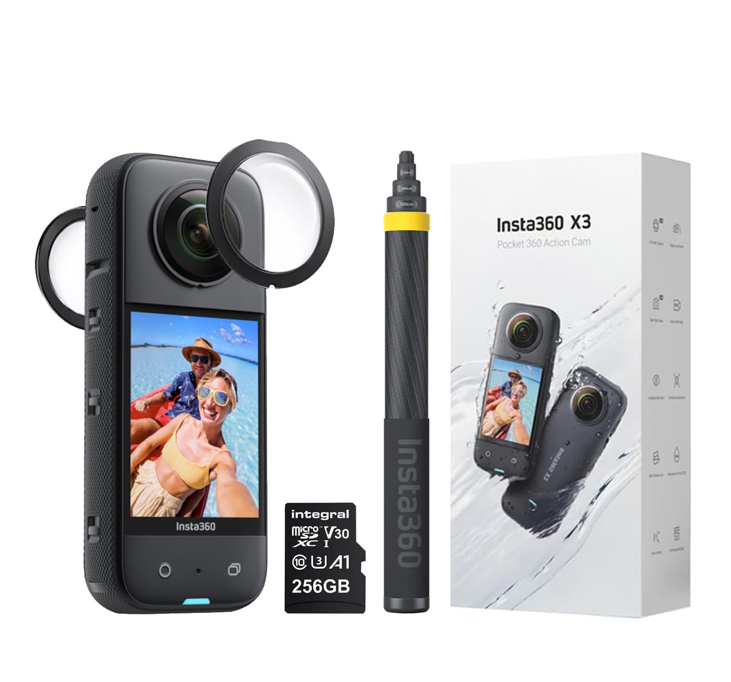 Insta360 X3 360 Degree Action Camera STARTER Kit inc: Case + 70cm Invisible Selfie Stick + Extra Battery + Lens Cap + 64GB