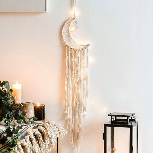 Koytoy Macrame Wall Hanging with LED Light,Moon Dream Catcher Woven Tapestry Bohemian Home Decor Wedding Party Ornaments Craft Gifts Ramadan Decorations for Home