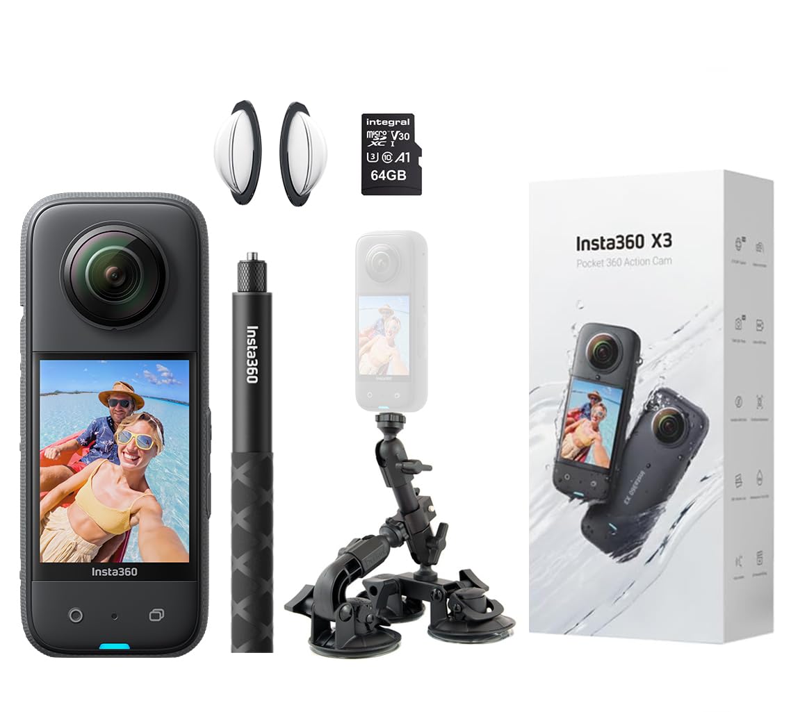 Insta360 X3 360 Degree Action Camera STARTER Kit inc: Case + 70cm Invisible Selfie Stick + Extra Battery + Lens Cap + 64GB