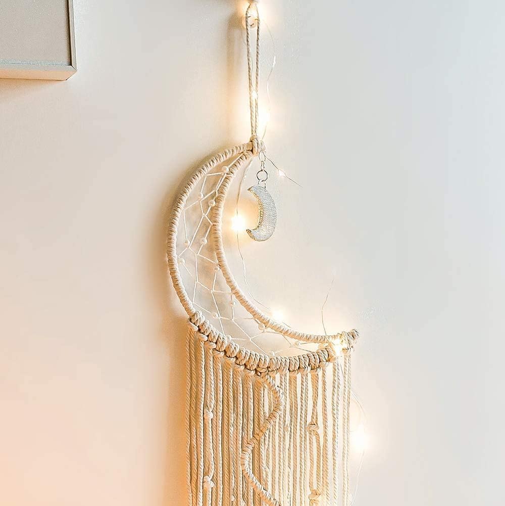 Koytoy Macrame Wall Hanging with LED Light,Moon Dream Catcher Woven Tapestry Bohemian Home Decor Wedding Party Ornaments Craft Gifts Ramadan Decorations for Home