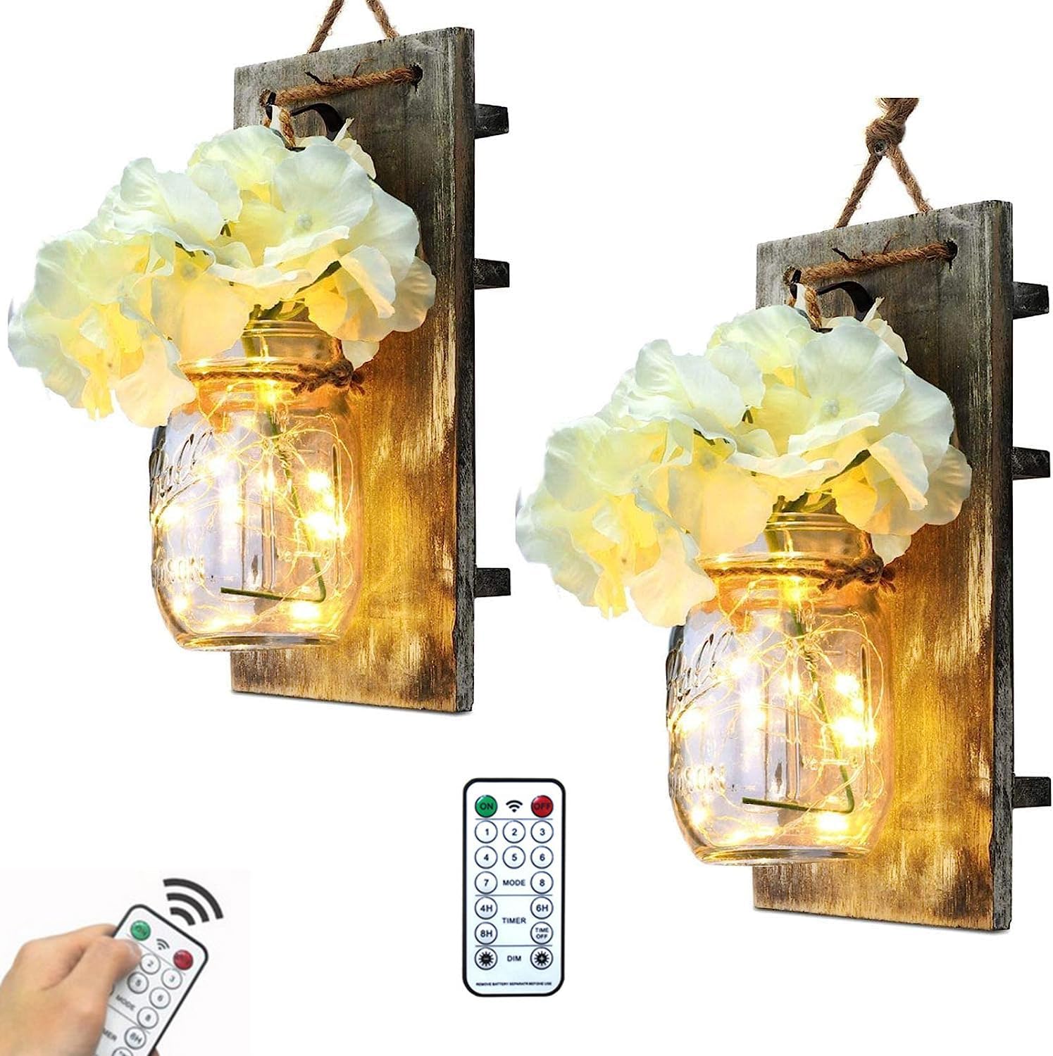 Glighone Wall Lights 2PCS Mason Jars Lights Wall Decor, Rustic Wall Hanging Decoration Wall Sconces with 8 Modes Timer Remote Control Hanging Battery Powered LED Fairy Light with Artificial Flower