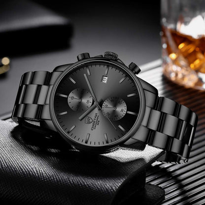 Men's Watches with Stainless Steel and Metal Casual Waterproof Chronograph Quartz Watch, Auto Date