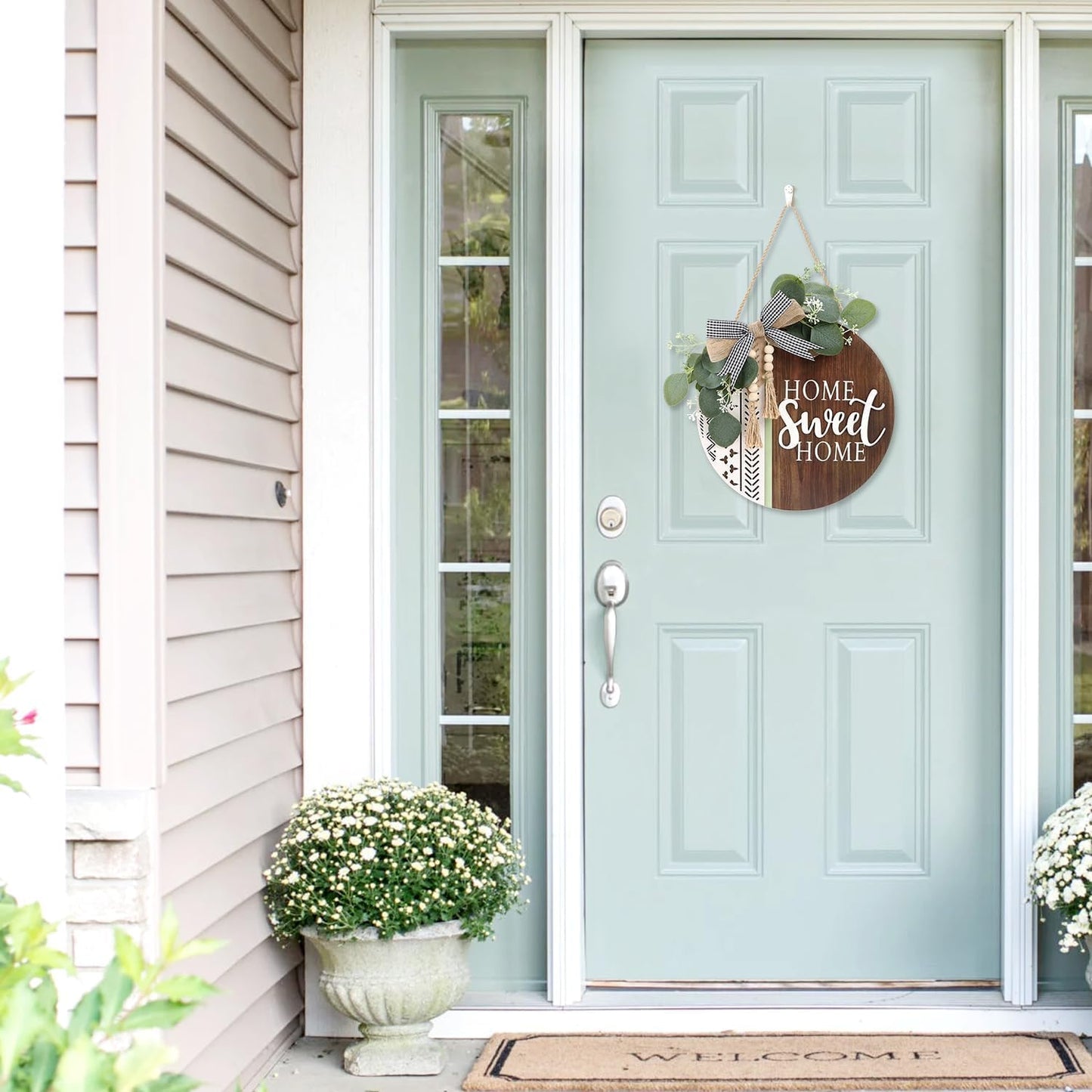 CHDITB 3D Welcome Sign Front Door Wreath Porch Decor Wooden Home Sweet Home Boho Outdoor Sign Hanging, Farmhouse Aztec Wall Sign with Artificial Leaves&Beads Front Door Decorations Outside All Year