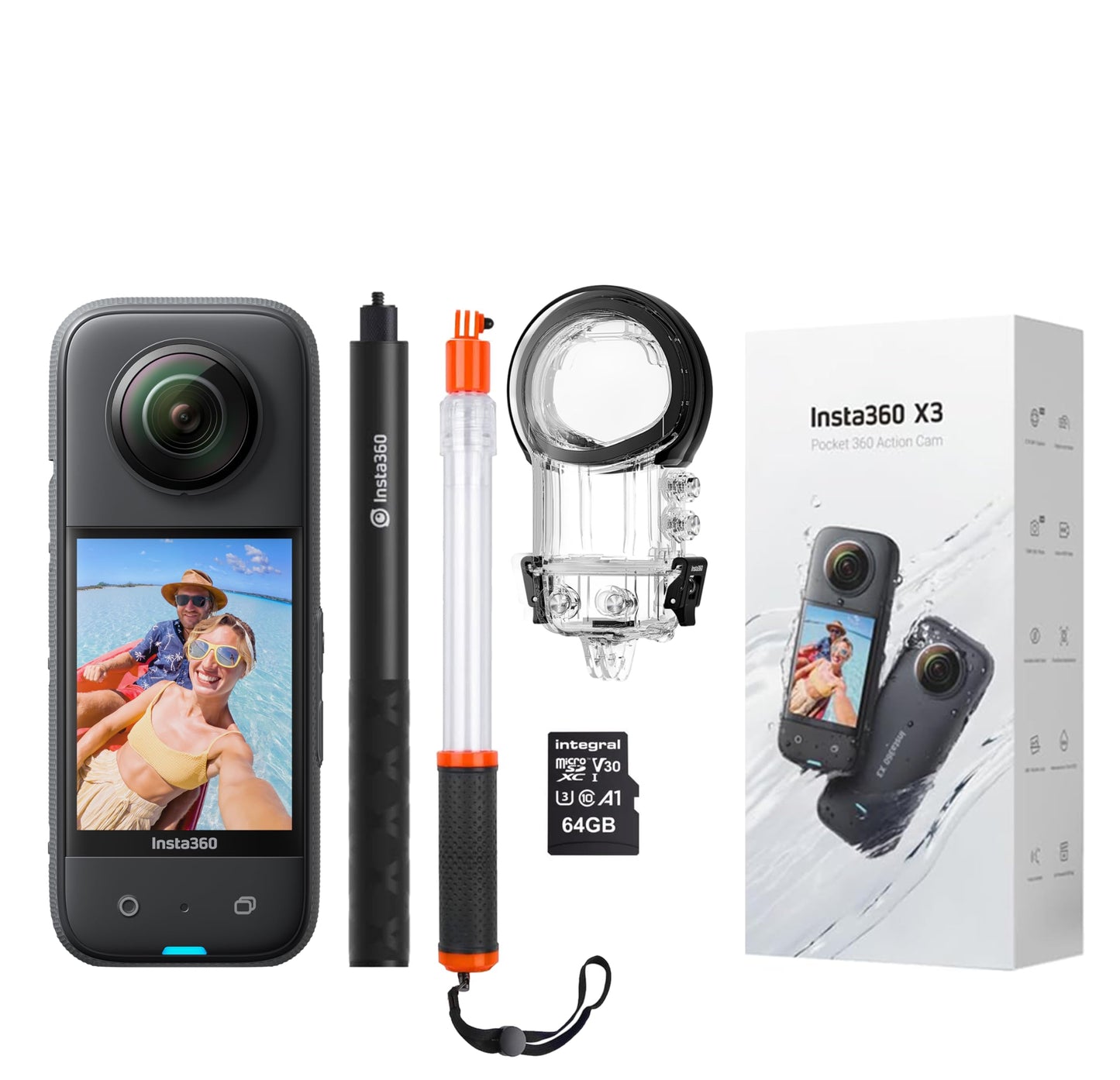 Insta360 X3 360 Degree Action Camera STARTER Kit inc: Case + 70cm Invisible Selfie Stick + Extra Battery + Lens Cap + 64GB