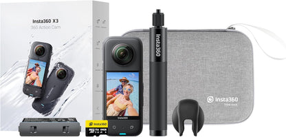 Insta360 X3 360 Degree Action Camera STARTER Kit inc: Case + 70cm Invisible Selfie Stick + Extra Battery + Lens Cap + 64GB