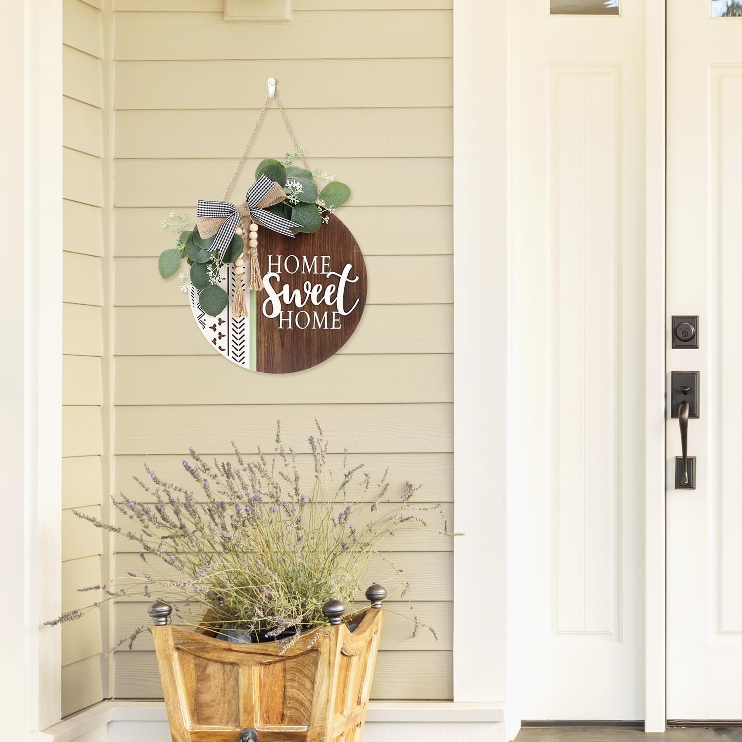 CHDITB 3D Welcome Sign Front Door Wreath Porch Decor Wooden Home Sweet Home Boho Outdoor Sign Hanging, Farmhouse Aztec Wall Sign with Artificial Leaves&Beads Front Door Decorations Outside All Year