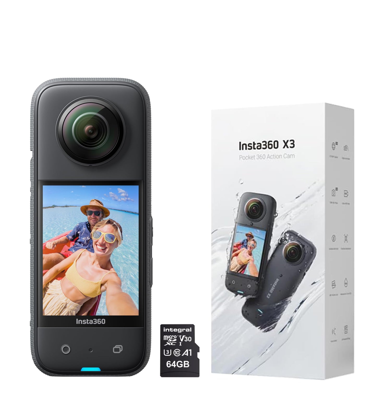 Insta360 X3 360 Degree Action Camera STARTER Kit inc: Case + 70cm Invisible Selfie Stick + Extra Battery + Lens Cap + 64GB