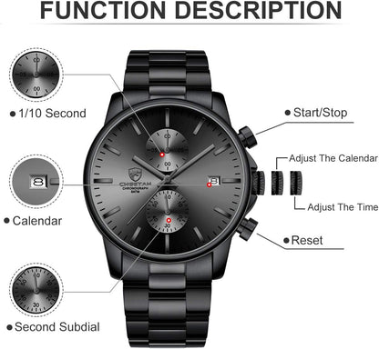 Men's Watches with Stainless Steel and Metal Casual Waterproof Chronograph Quartz Watch, Auto Date