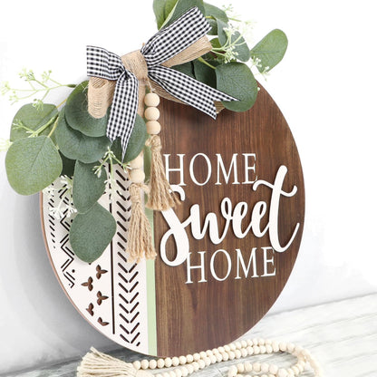 CHDITB 3D Welcome Sign Front Door Wreath Porch Decor Wooden Home Sweet Home Boho Outdoor Sign Hanging, Farmhouse Aztec Wall Sign with Artificial Leaves&Beads Front Door Decorations Outside All Year