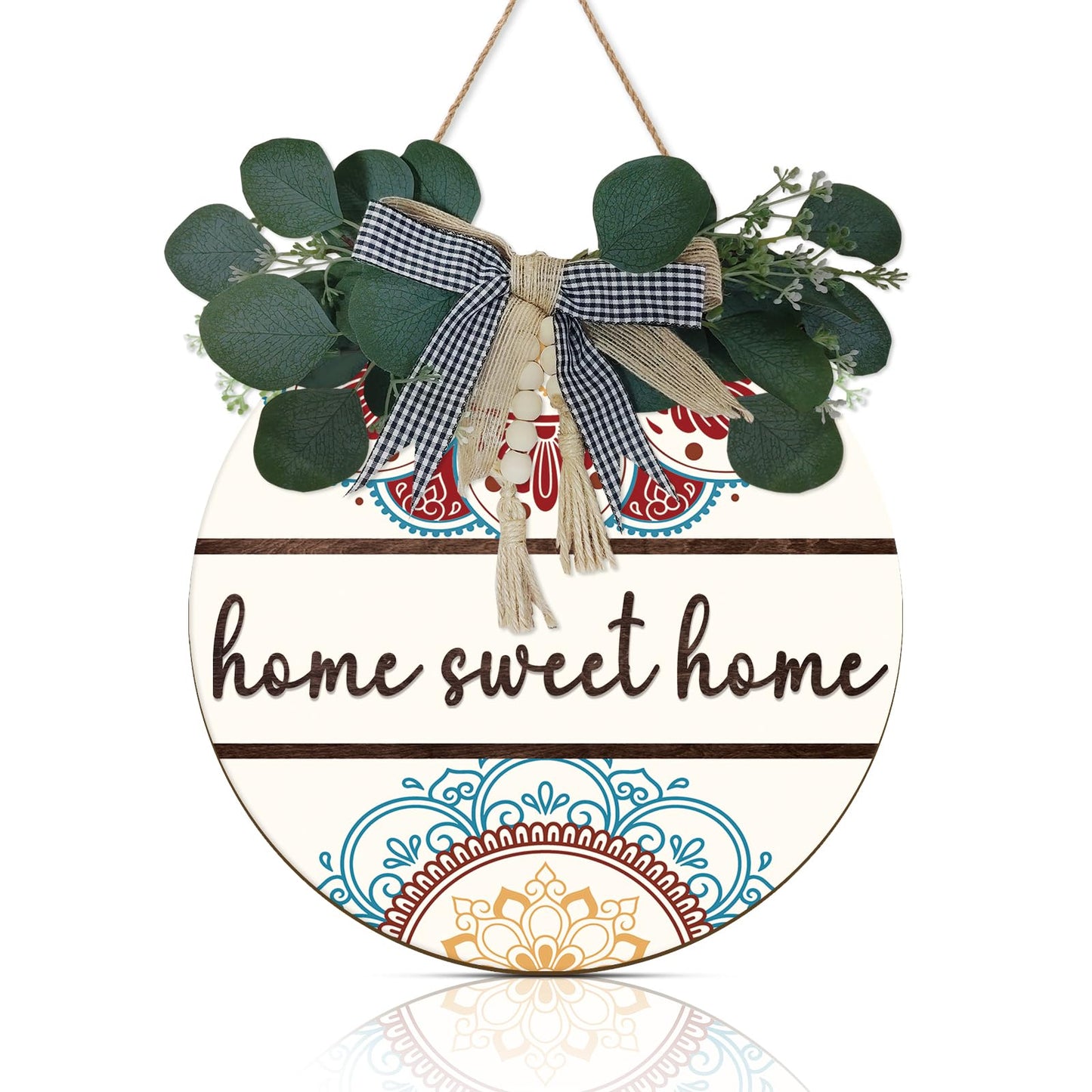 CHDITB 3D Welcome Sign Front Door Wreath Porch Decor Wooden Home Sweet Home Boho Outdoor Sign Hanging, Farmhouse Aztec Wall Sign with Artificial Leaves&Beads Front Door Decorations Outside All Year