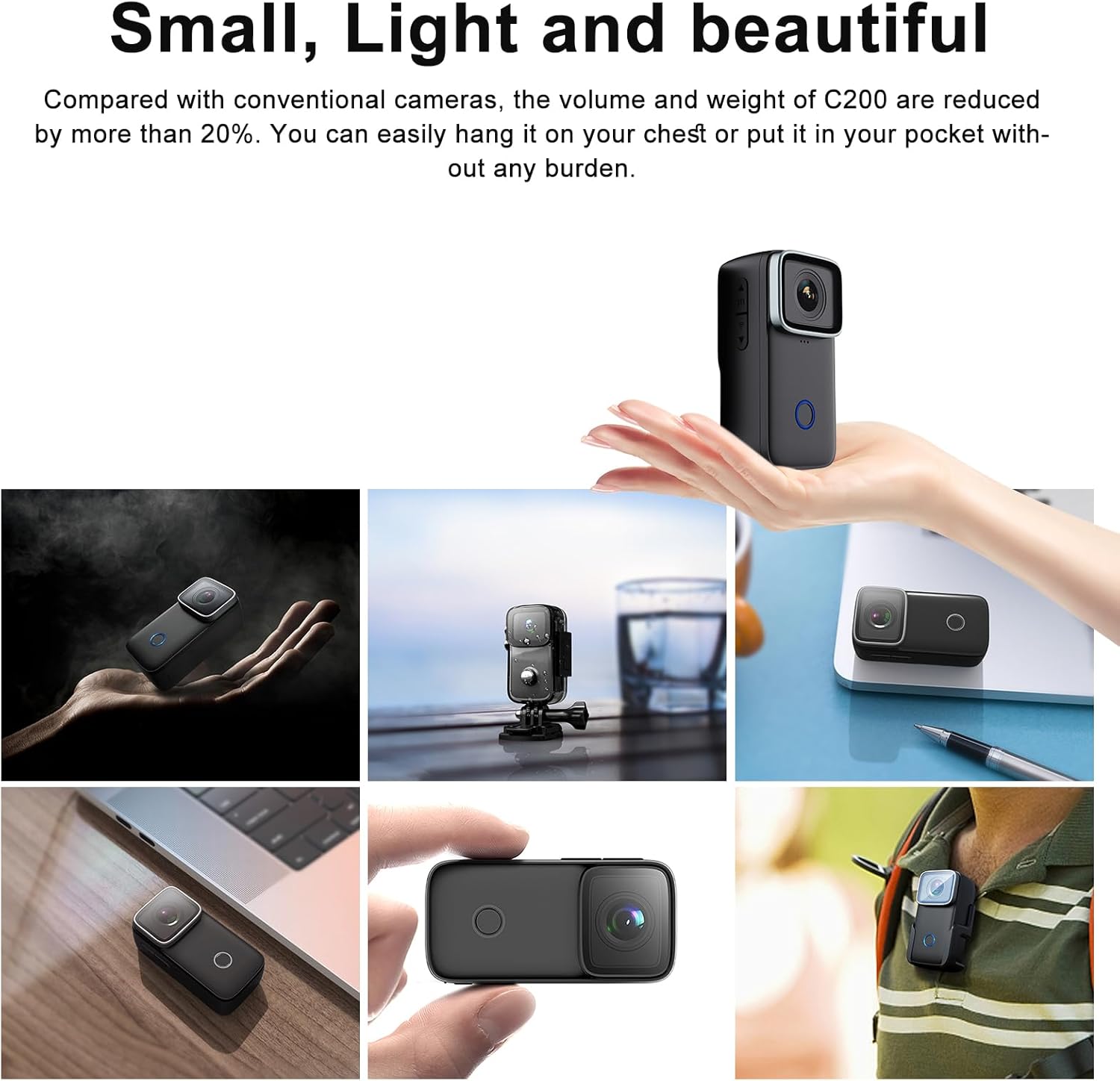 SJCAM C200 Mini Action Camera 4K, Portable Handheld,5 m Body Underwater Camera, Face Recognition, 6-Axis Gyro Stabilization, 154°FOV Zoom Lens, 1.28" Rear Screen, Metal-Body, Helmet Kits