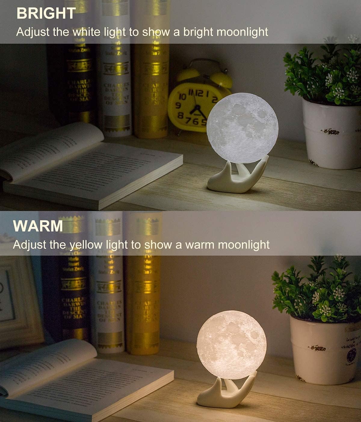 Methun 3D Moon Lamp with 3.5 Inch Ceramic Base, LED Night Light, Mood Lighting with Touch Control Brightness for Home Décor, Bedroom, Gifts for Father Kids Women Birthday - White & Yellow