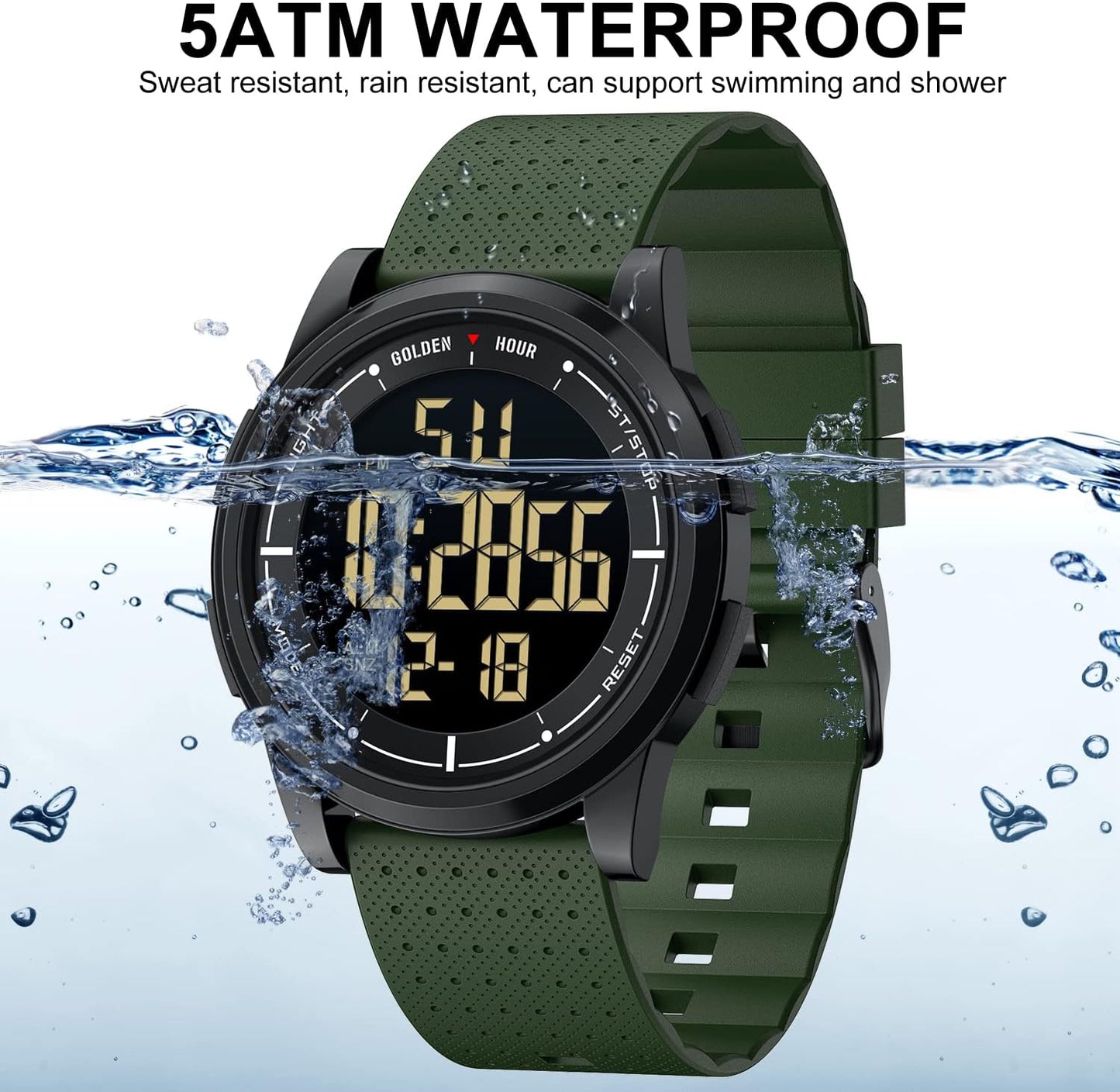 GOLDEN HOUR Ultra-Thin Minimalist Sports Waterproof Digital Watches Men with Wide-Angle Display Rubber Strap Wrist Watch for Men Women