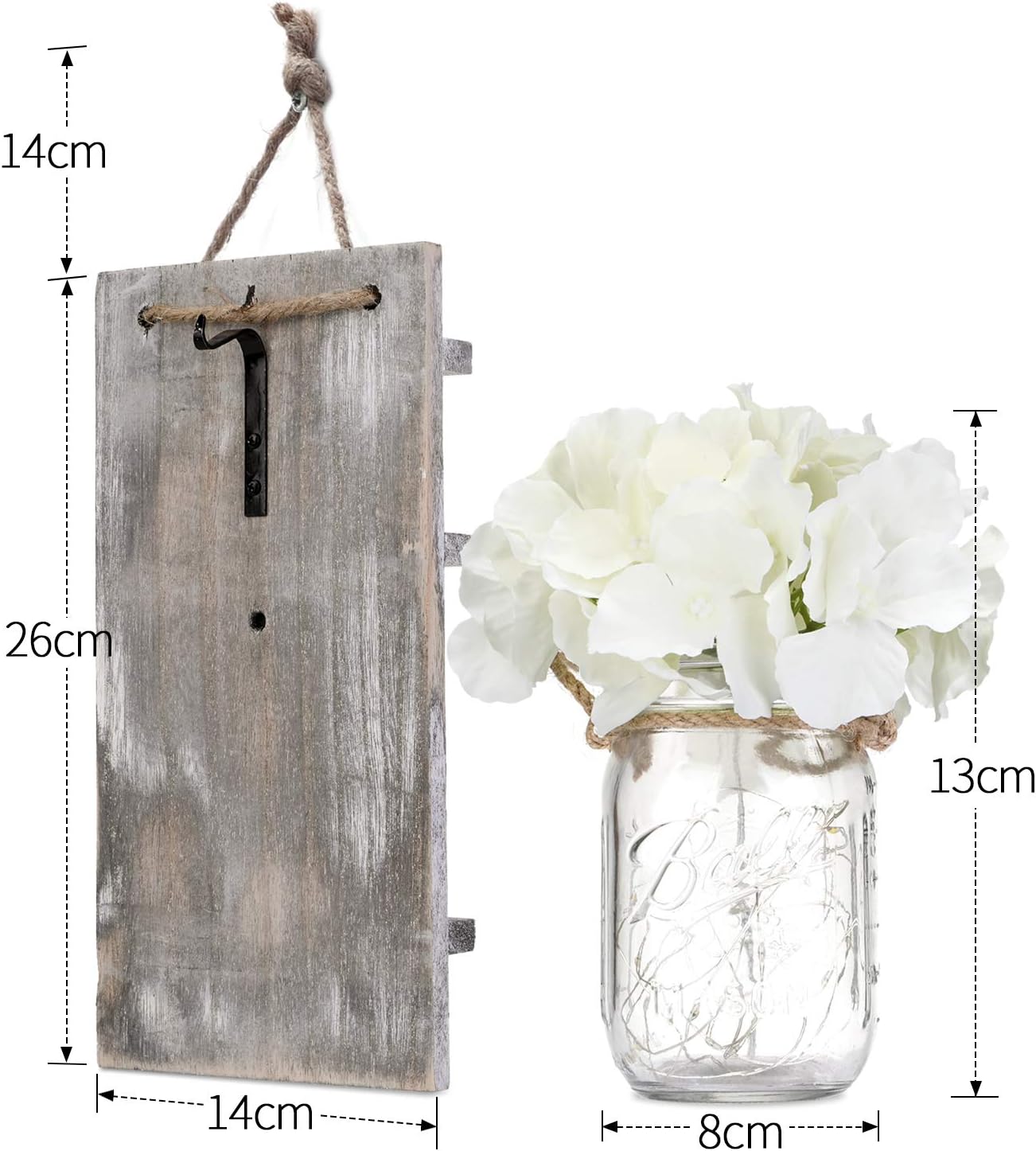 Glighone Wall Lights 2PCS Mason Jars Lights Wall Decor, Rustic Wall Hanging Decoration Wall Sconces with 8 Modes Timer Remote Control Hanging Battery Powered LED Fairy Light with Artificial Flower