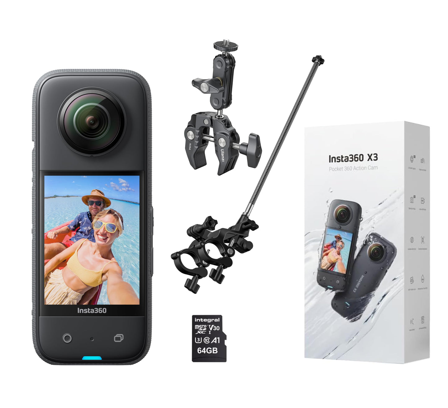 Insta360 X3 360 Degree Action Camera STARTER Kit inc: Case + 70cm Invisible Selfie Stick + Extra Battery + Lens Cap + 64GB