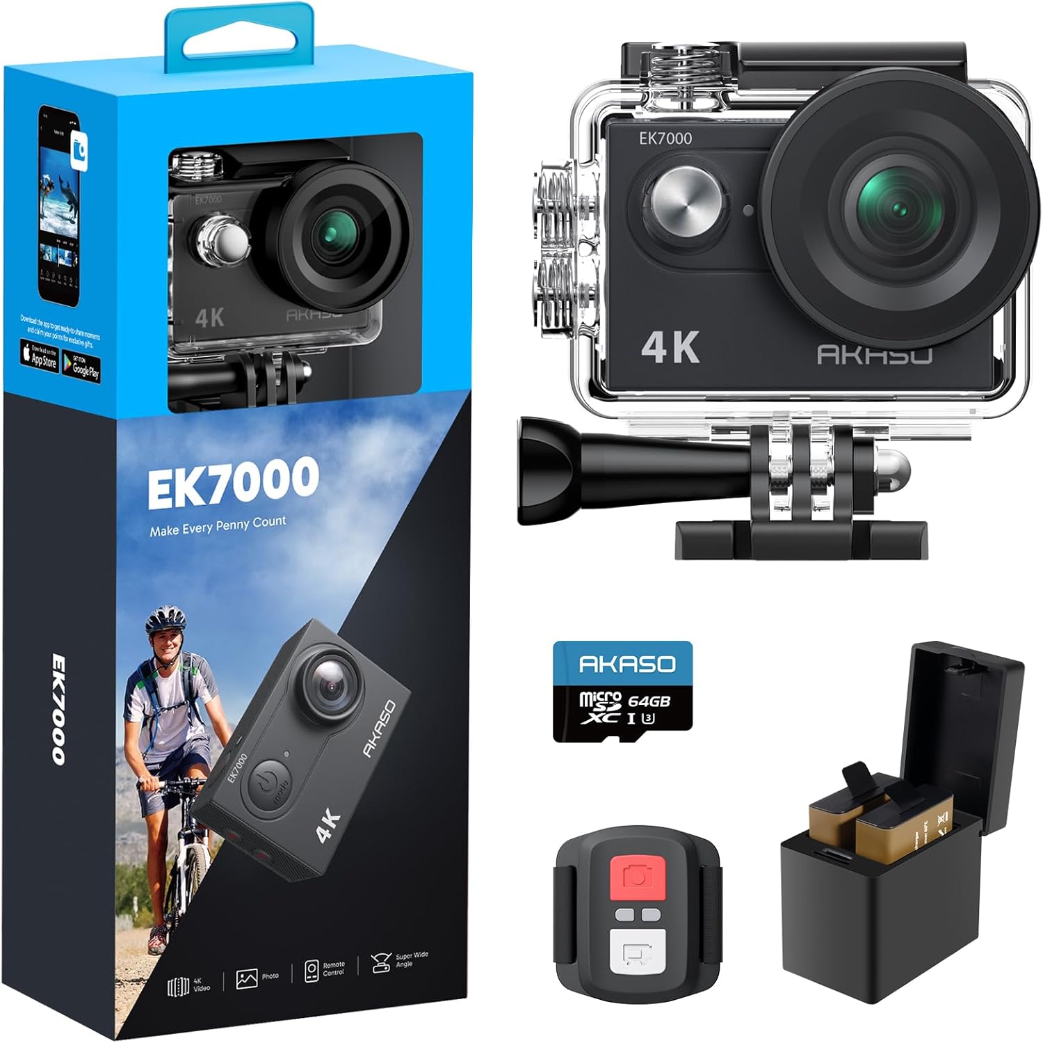 AKASO EK7000 4K30FPS Action Camera with 64GB microSDXC Memory Card - 20MP Ultra HD Underwater Camera 170 Degree Wide Angle Waterproof Camera with Accessory Kit