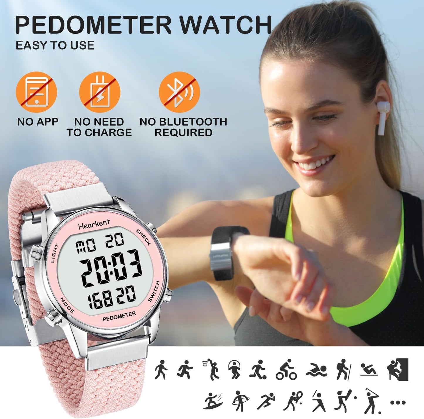 Hearkent Pedometer Watch for Women, Step Tracker with Calories Counter, Non Bluetooth Pedometer Watch, 30M Waterproof, LCD Large Number Display Wrist Watch for Walking and Daily Activity