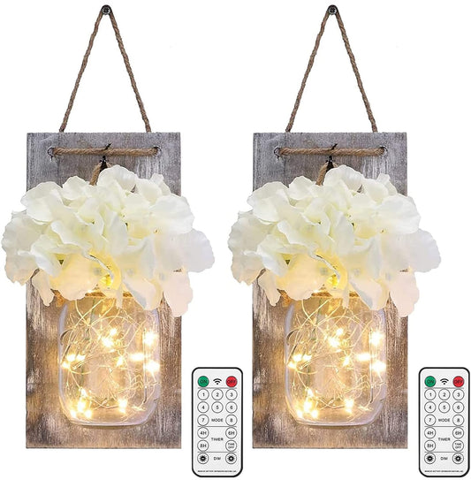 Glighone Wall Lights 2PCS Mason Jars Lights Wall Decor, Rustic Wall Hanging Decoration Wall Sconces with 8 Modes Timer Remote Control Hanging Battery Powered LED Fairy Light with Artificial Flower