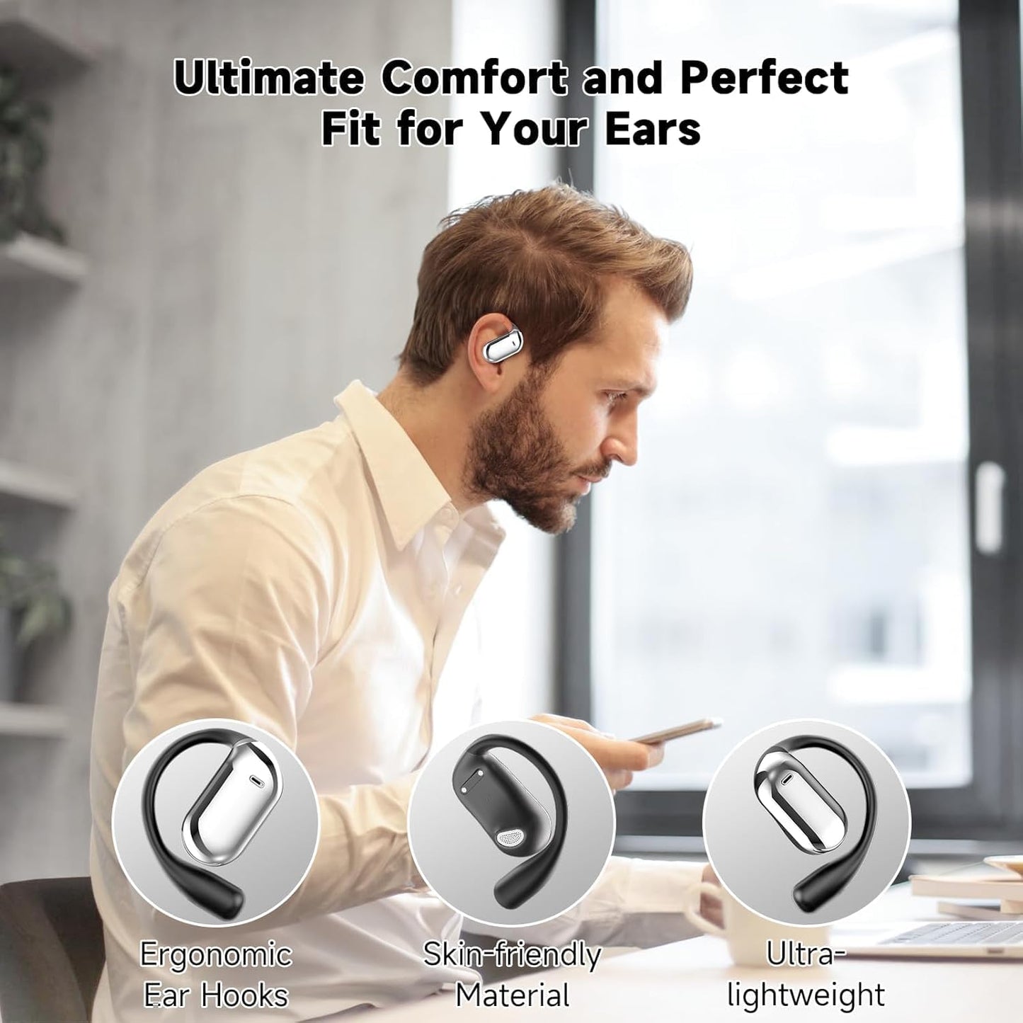 EUQQ Open Ear Headphones - 5.4 Bluetooth Earphones for Running, Ultra Comfort Sport Open Ear Buds, Stereo Sound Earbuds Wireless, IPX6, 40H Playtime