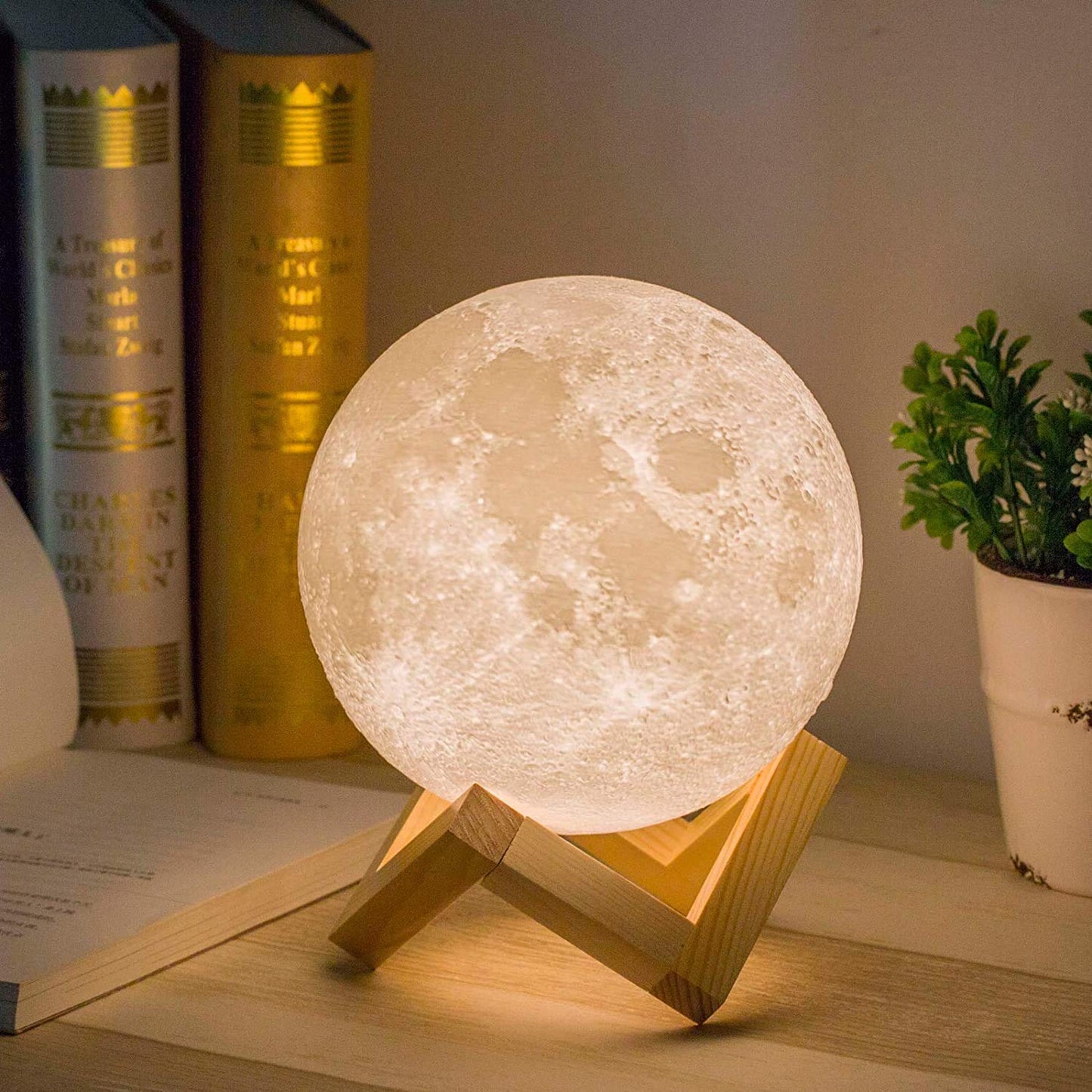 Methun 3D Moon Lamp with 3.5 Inch Ceramic Base, LED Night Light, Mood Lighting with Touch Control Brightness for Home Décor, Bedroom, Gifts for Father Kids Women Birthday - White & Yellow