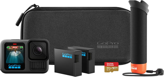 GoPro HERO13 Black Accessory Bundle - Includes The Handler (Floating Hand Grip), 2 Enduro Batteries, 2 Curved Adhesive Mounts, 64GB SanDisk MicroSD Card, Carrying Case, and more