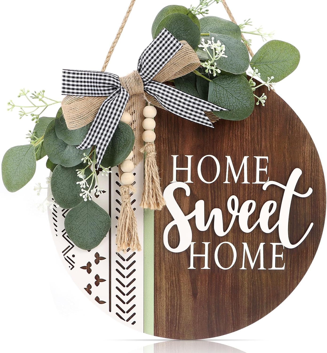 CHDITB 3D Welcome Sign Front Door Wreath Porch Decor Wooden Home Sweet Home Boho Outdoor Sign Hanging, Farmhouse Aztec Wall Sign with Artificial Leaves&Beads Front Door Decorations Outside All Year