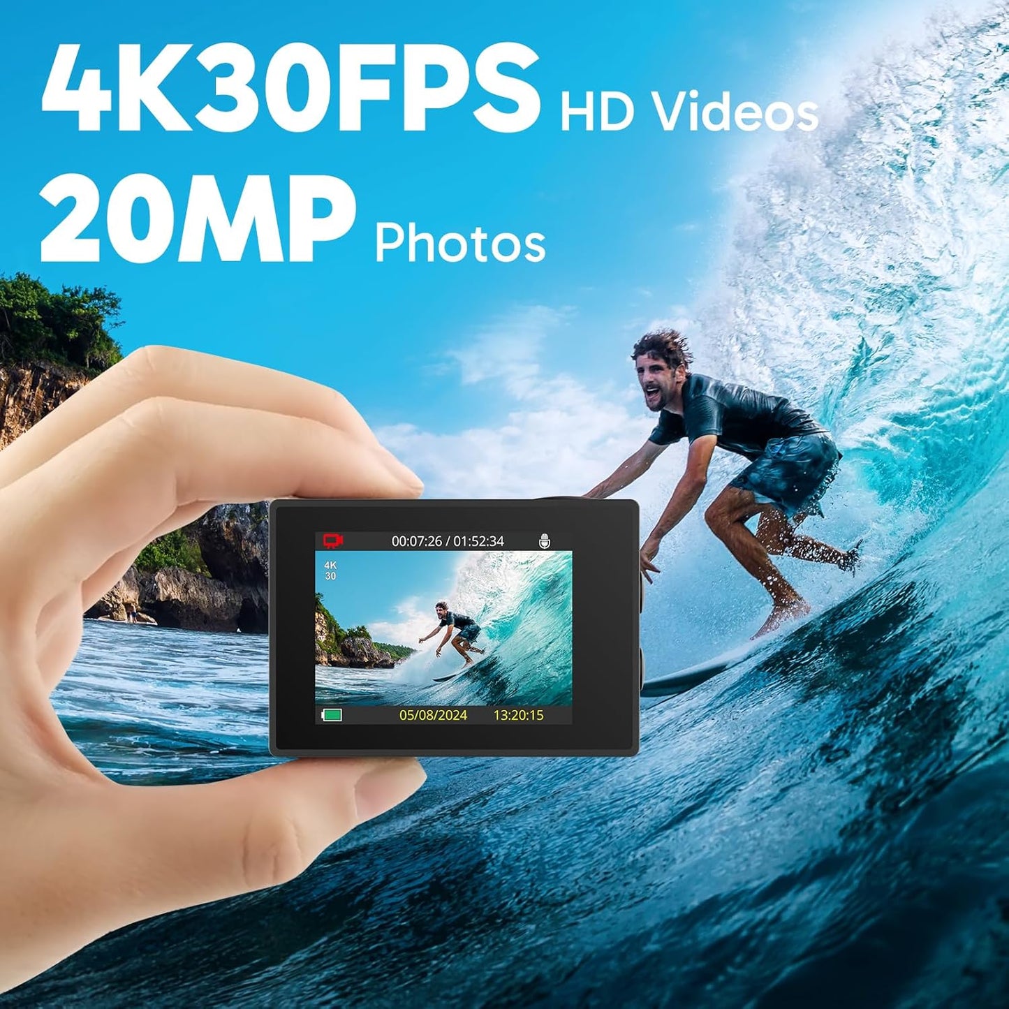 AKASO EK7000 4K30FPS Action Camera with 64GB microSDXC Memory Card - 20MP Ultra HD Underwater Camera 170 Degree Wide Angle Waterproof Camera with Accessory Kit